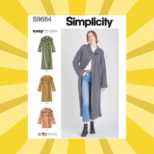 Könnte beinhalten: Simplicity Schnittmuster S9684. Das Bild zeigt eine Frau, die einen langen grauen Mantel mit Kapuze trägt. Das Muster enthält Abbildungen ähnlicher Mäntel in Grün, Beige und gemusterten Stoffen. Die Worte "easy-to-sew" sind auf dem Muster aufgedruckt.