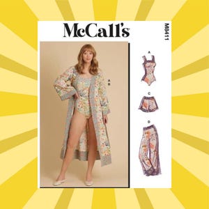 May include: McCall's M8411 sewing pattern envelope featuring a floral print bodysuit and matching long-sleeved robe. The pattern includes illustrations for a bodysuit, shorts, and wide-leg pants, all showcasing a consistent botanical pattern.