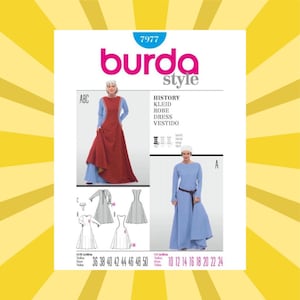 May include: Burda Style sewing pattern 7977 for a history-inspired dress. The envelope features images of a long-sleeved blue dress with a red over-tunic and a solid blue dress with a belt. Includes technical line drawings and size range 10-24.