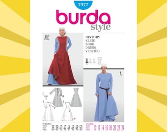 Sewing Pattern for Womens Medieval Costume - Size 10 12 14 16 18 20 22 24 Commoner Dress, Overdress and Cap - UNCUT F/F - Burda 7977