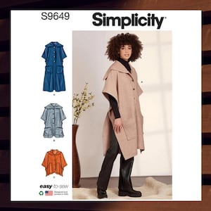 Easy Poncho Sewing Pattern for Women - Size S M L XL 2XL (All Sizes) Hood and Length Options - Uncut F/F - Simplicity 9649 S9649