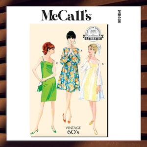 May include: McCall's vintage sewing pattern featuring three 1960s dresses. The illustration shows a green sheath dress, a blue floral print dress, and a yellow dress with white sleeves. The text reads "Vintage 60's" and "Authentic".