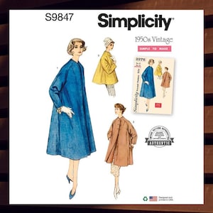 May include: Vintage Simplicity sewing pattern for a 1950s coat. The pattern is for a long, loose-fitting coat with a collar and pockets. The pattern is printed on a white background with black text and illustrations. The pattern number is S9847 and the Simplicity pattern number is 2376.