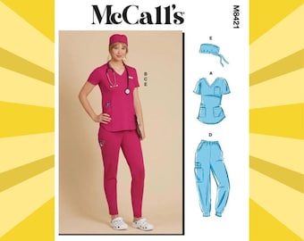 Patrón de costura para uniformes médicos de punto para mujer - Tallas 6, 8, 10, 12, 14 o 16, 18, 20, 22 y 24. Incluye blusa, pantalón, jogger y gorra - SIN CORTAR - McCalls 8421 M8421