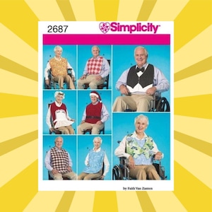 May include: Simplicity pattern 2687 features a variety of bibs and vests for adults. The image shows several people wearing different styles, including patterned and solid colors, and holiday-themed designs. The Simplicity logo is visible.