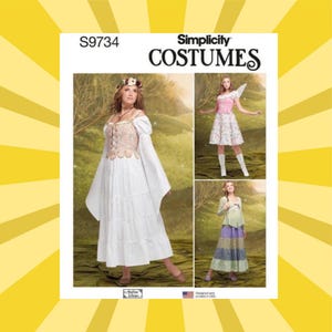 May include: Simplicity Costumes pattern S9734 features three costume designs. The top left shows a white dress with a pink bodice and long sleeves. The other designs include a pink and white dress with a wing and a long skirt with a green top.