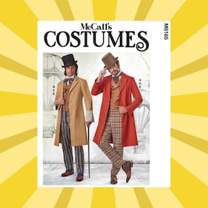 May include: McCall's Costumes pattern featuring two men in Victorian-era outfits. One wears a tan coat with striped pants, the other a red coat with plaid pants. Both have hats and vests. The pattern number is M8185.