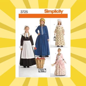 May include: Simplicity sewing pattern featuring historical costume designs for girls. The pattern includes various dress styles, such as a black and white pilgrim dress, a blue polka-dot dress, and a floral print dress. The pattern also includes a pink dress with a floral skirt.