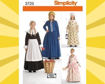 Sewing Pattern for Childrens Pioneer, Quaker, Colonial Costume - Size 3 4 5 6 or 7 8 10 12 14 - Uncut F/F - Simplicity 3725 S3725