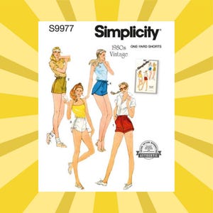 May include: Vintage Simplicity sewing pattern for one-yard shorts from the 1980s. The pattern features illustrations of shorts in various colors, including yellow, blue, and red. The pattern includes the text "Authentic" and "Vintage Pattern Reproduction".