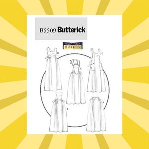 Könnte beinhalten: Ein weißes Schnittmuster von Butterick B5509 mit historischen Kleiderdesigns. Das Muster zeigt Illustrationen verschiedener Kleidungsstile, mit dem Wort "HISTORY" auf dem Muster.