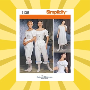 May include: Simplicity pattern 1139 featuring historical women's clothing. The image shows multiple views of white garments, including a corset, bloomers, and a dress. The Fashion Historian logo is visible.