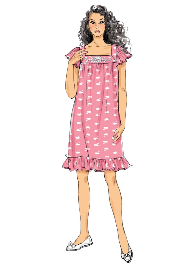 May include: A pink nightdress featuring a white swan pattern. The square neckline and sleeves are trimmed with frills. The hemline also has a frill. The nightdress is knee-length. The model is wearing white flats.