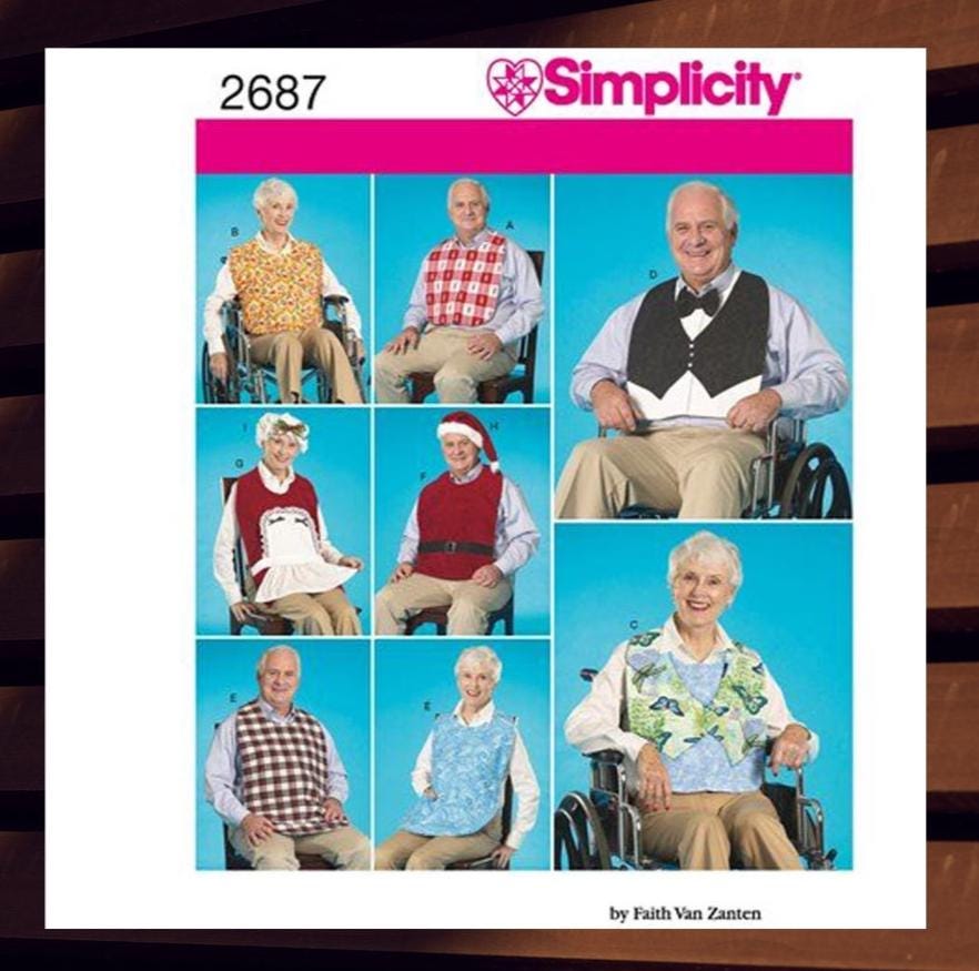 Sewing Pattern for Adult Bib Clothing Protectors - One Size - Tuxedo, Vest, Santa & Mrs Claus + Hats - UNCUT F/F - Simplicity 2687 S2687
