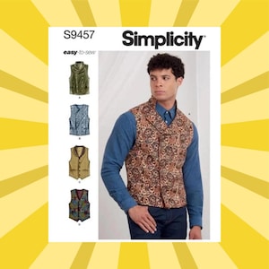 May include: Simplicity sewing pattern S9457 for vests. The pattern includes multiple vest styles, with a man wearing a paisley vest. The pattern is labeled "easy-to-sew". The background is yellow with white stripes.