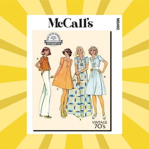 May include: A McCall's sewing pattern featuring vintage 70's fashion designs. The pattern includes illustrations of four different outfits: a cropped top and pants, a collared dress, a long dress, and a belted dress. The pattern is labeled "Authentic".