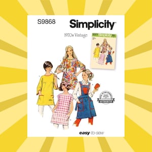 May include: Simplicity sewing pattern S9868, 1970s vintage. The package features illustrations of women's and girls' dresses, aprons, and tops. The main image shows a woman in a floral dress and other models in various outfits. The text "easy-to-sew" is visible.