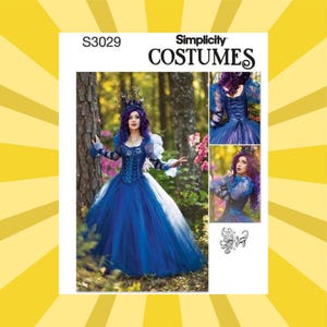 May include: Simplicity Costumes pattern S3029 showcases a blue and white ball gown with a corset bodice and long sleeves. The pattern includes multiple views of the costume, highlighting the design. The image is set against a natural backdrop.