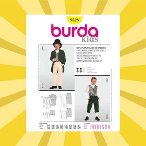 May include: A Burda Kids sewing pattern featuring a Biedermeier pantsuit ensemble. The pattern includes illustrations of the finished garments, including a green jacket, vest, and pants. Sizes are listed in both centimeters and inches.