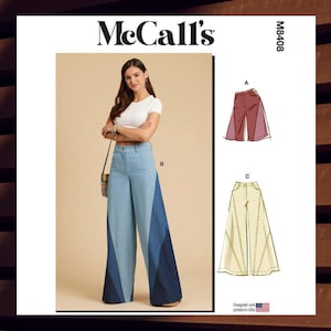 May include: McCall's sewing pattern M8408 featuring a woman wearing color-blocked wide-leg jeans. The pattern includes illustrations of different pant styles. The text "Designed and printed in USA" is visible.