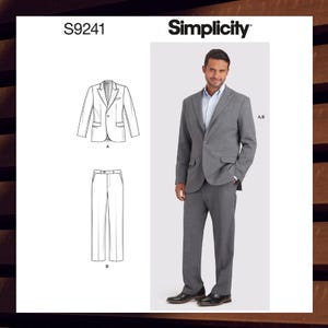 May include: A sewing pattern for a suit jacket and pants. The pattern is called Simplicity S9241. The pattern includes instructions for making a two-button jacket and matching pants.