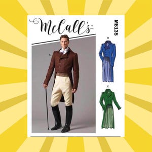 May include: McCall's sewing pattern M8135 featuring a brown double-breasted coat, white breeches, and black boots. The pattern also shows a blue and a green coat. The image is set against a yellow background.