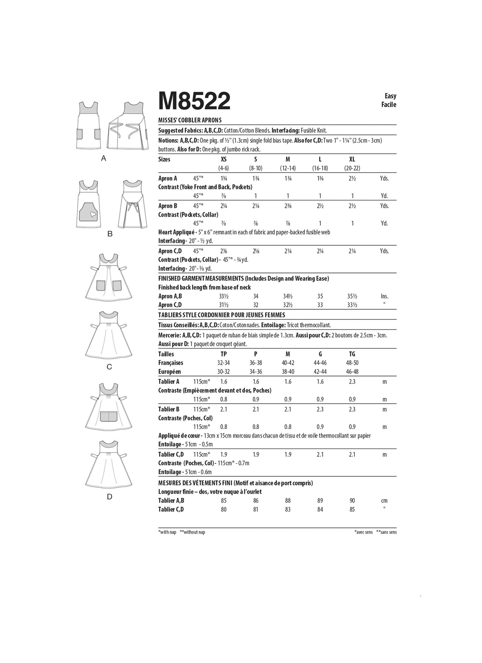 Easy Sewing Pattern for Womens Cobbler Aprons - Size XS S M L XL (4-22 ...