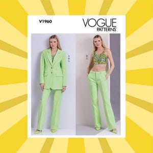 May include: Vogue Patterns sewing pattern V1960. The pattern features a lime green suit with a blazer and pants, and a crop top and pants. The Vogue Patterns logo is displayed in the upper right corner.
