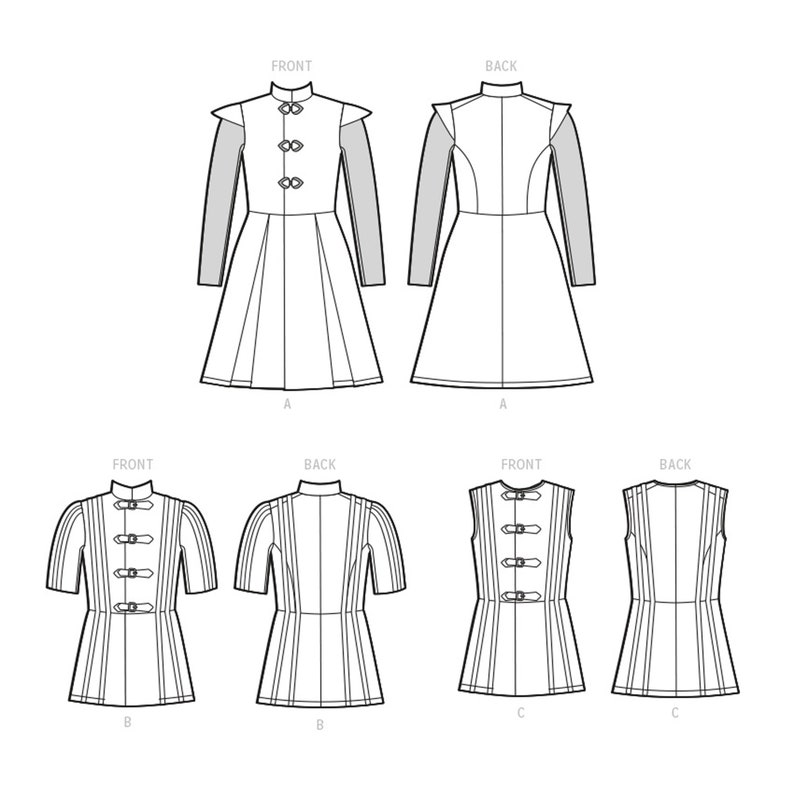 May include: Line drawings of three garment designs. The first is a long-sleeved dress with a pleated skirt and decorative buttons. The second is a short-sleeved top with vertical stripes and buckle closures. The third is a sleeveless top with buckle closures.