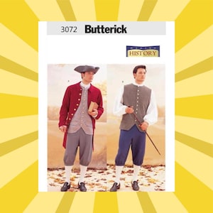 May include: Butterick pattern 3072 featuring historical men's clothing. The image shows two outfits: a red coat with a gray vest and breeches, and a gray vest with blue breeches. The pattern includes the "Making History" logo.