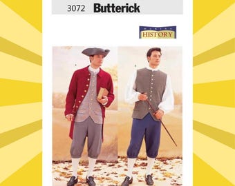 Sewing Pattern for Mens Colonial Costume  Size 32 34 36 or 38 40 42 or 44 46 48 Coat Vest Shirt Pants Hat - UNCUT F/F - Butterick 3072 B3072