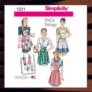 May include: Simplicity pattern 1221 featuring vintage 1940s apron designs. The image shows illustrations of women wearing aprons with various styles, including floral, striped, and ruffled designs. The text "Simplicity" and "1940s Vintage" are displayed.