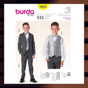 May include: A Burda Kids sewing pattern for boys' suits, featuring two suit styles. One suit is a gray pinstripe with a matching jacket, vest, and pants. The other suit is a gray vest with a white shirt and gray pinstripe pants. The pattern number is 9433.