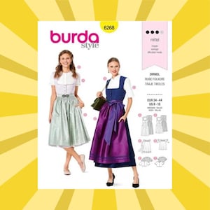 May include: A Burda Style pattern cover featuring two women in traditional dirndl dresses. The pattern number is 6268. The dresses are in shades of blue, purple, and green. The cover also includes the text "DIRNDL ROBE FOLKLORE TRAJE TIROLES".