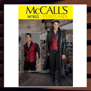 May include: McCall's Costumes pattern M7821 for a pirate costume. The pattern includes a red vest with gold buttons and a black coat with gold accents.