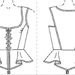 May include: Line drawing of a bodice pattern, front and back views. The front view features a square neckline, lace-up closure, and a peplum. The back view shows a scoop neckline and the same peplum design. The pattern is labeled with the letter "B".