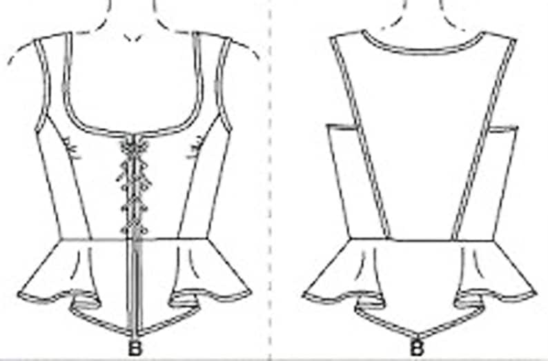 May include: Line drawing of a bodice pattern, front and back views. The front view features a square neckline, lace-up closure, and a peplum. The back view shows a scoop neckline and the same peplum design. The pattern is labeled with the letter "B".