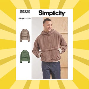 Könnte beinhalten: Simplicity Schnittmuster S9829 für eine Kapuzenjacke. Das Muster enthält eine braune Cordjacke mit Reißverschluss und eine grüne Jacke. Das Model im Bild trägt die braune Jacke. Der Text "easy-to-sew" ist sichtbar.