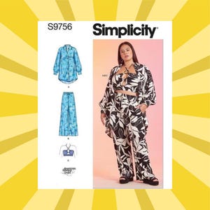 May include: Simplicity pattern S9756 features a three-piece outfit: a long-sleeve button-down shirt and wide-leg pants in a blue floral print, and a matching crop top, jacket, and pants in a black and white leaf print. The pattern includes a diagram of the outfit.