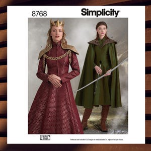 Sewing Pattern for Womens Medieval Dress, Cape & Shoulder Armor - Size 6 8 10 12 14 or 14 16 18 20 22 - UNCUT F/F - Simplicity 8768 S8768