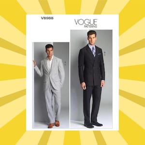 May include: Vogue Patterns sewing pattern featuring two suit designs. One suit is light gray with a striped pattern, and the other is a black double-breasted suit. The pattern number is V8988.
