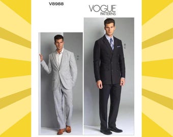 Sewing Pattern for Mens Suit Jacket, Pants - Size 34 36 38 40 or 40 42 44 46 Single or Double Breasted Jacket - UNCUT F/F - Vogue 8988 V8988