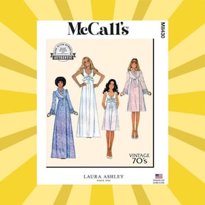 May include: A McCall's sewing pattern featuring vintage 70s Laura Ashley designs. The pattern includes illustrations of four different dresses and robes in various styles. The pattern is labeled "Authentic" and "Vintage 70's".