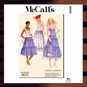 Sewing Pattern for Womens Top & Skirts - Size 6 8 10 12 14 or 16 18 20 22 24 - Uncut F/F - Vintage 80&#39;s Laura Ashley McCalls 8306 M8306