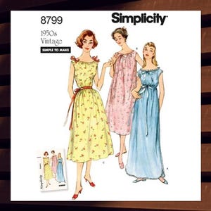 Easy Sewing Pattern for Womens Nightgowns - Size XS S M L XL (6 - 24) Classic Sleeveless - Uncut F/F - 1950&#39;s Vintage Simplicity 8799 S8799