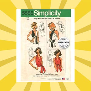 May include: Vintage Simplicity sewing pattern 5555 for a Jiffy Knit Wrap-And-Tie Halter. The pattern features illustrations of the halter top in different styles. The pattern is sized for stretch knits only. The pattern is from 1927 and is an authentic original pattern.