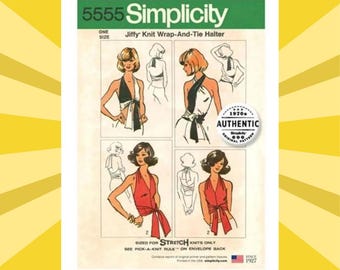 Sewing Pattern for Womens Halter Top - One Size - Jiffy Knit Wrap & Tie Top - UNCUT F/F - 1970s Authentic Reproduction Simplicity 5555 S5555