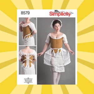May include: Simplicity 8579 sewing pattern for a historical costume. The pattern includes a brown corset, white undergarments, and a white petticoat. The image shows the front and back views of the corset and the full costume. The Simplicity logo is visible.