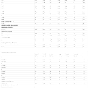 May include: A sewing pattern measurement chart, detailing sizes from X-Small to XX-Large. Measurements are provided in both inches and centimetres. The chart includes fabric widths, bust, hip, and other garment dimensions.