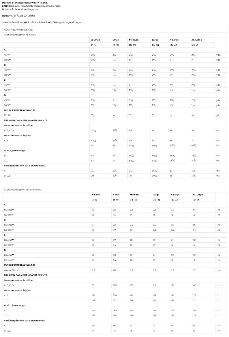 May include: A sewing pattern measurement chart, detailing sizes from X-Small to XX-Large. Measurements are provided in both inches and centimetres. The chart includes fabric widths, bust, hip, and other garment dimensions.